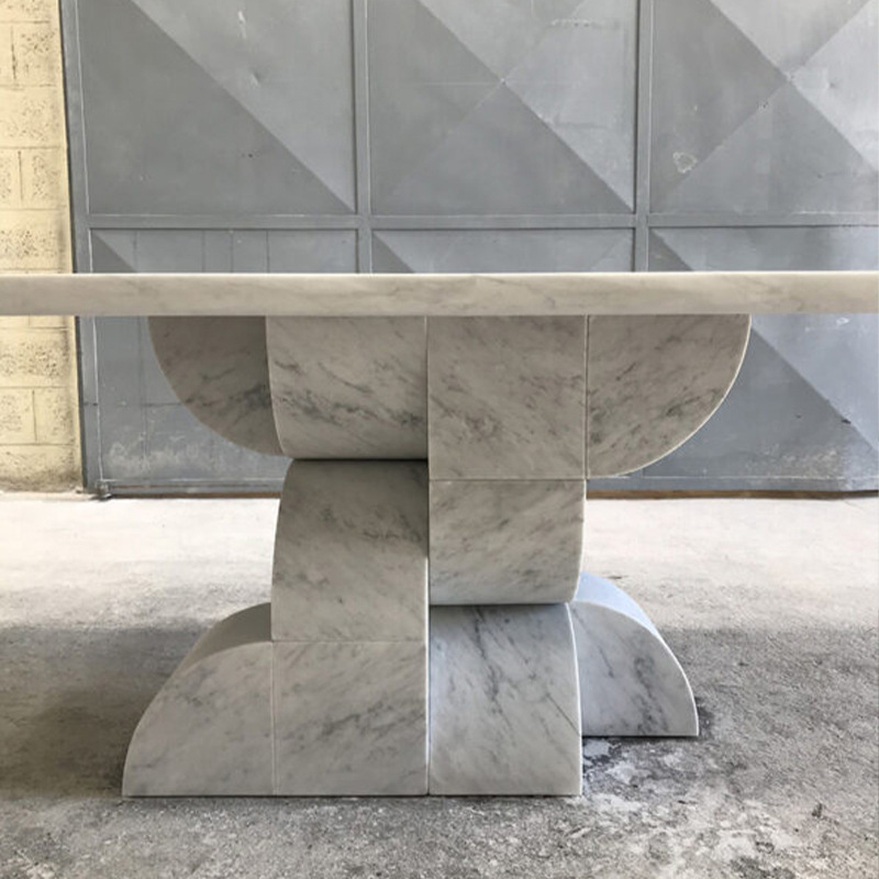 ブラックベースのモダンな白い正方形の大理石のダイニングテーブル